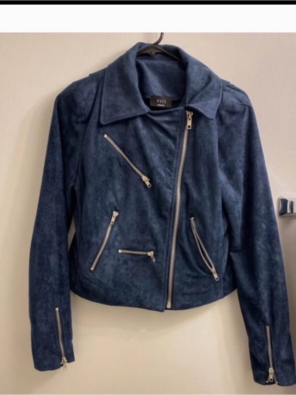 VICI Navy Suede-Look Asymmetric Zip Moto Jacket